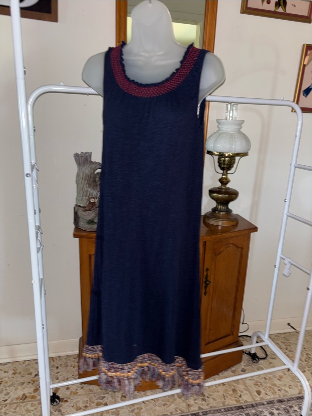 Neiman Marcus Navy Sleeveless Chemise with Pink Trim and Multicolor Hem